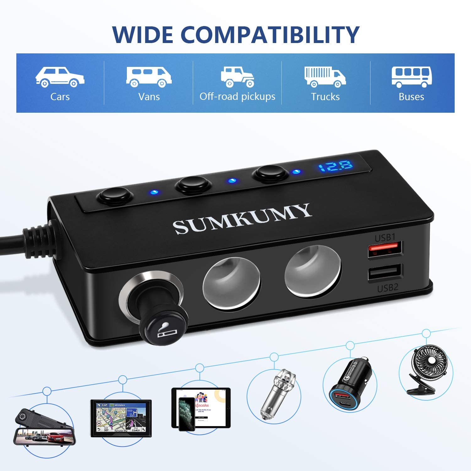 SUMKUMY Quick Charge 3.0 Car Splitter 180W 12V/24V Car Splitter with 4 USB Ports