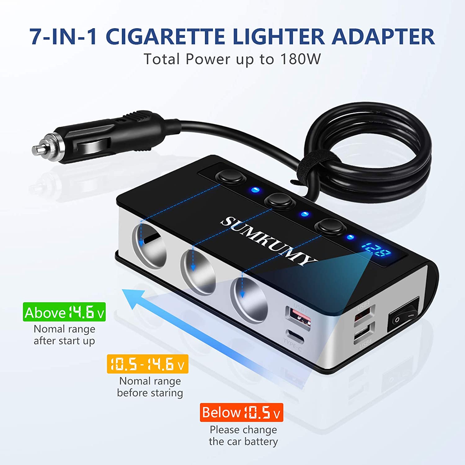 SUMKUMY Quick Charge 3.0 Car Cigarette Lighter Splitter 180W 12V/24V Car Splitter with 3 USB Ports